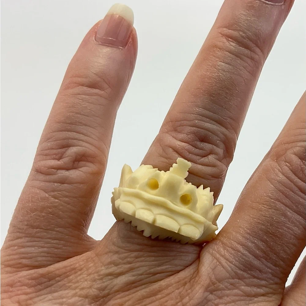 Vintage, Dragon Ring, Intricate Carving, Bovine Bone Ring, Cream White, Gothic